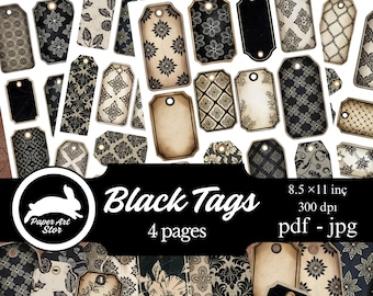 VintageBlack Journaling Tags- Damask Grunge Tags, Industrial Grunge, Digital Fussy Cut, Junk Journaling Tags, Printable Labels, Distressed
