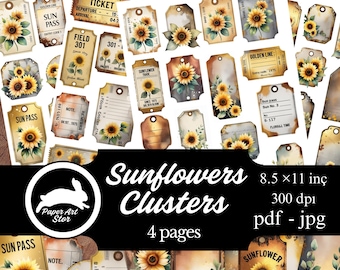 Sunflower Clusters, Grunge Labels, Fussy Cut Ephemera, Sunflower Collage, Flower Fussy Cuts, Journal Supplies, Sunflowers Vintage Labels,