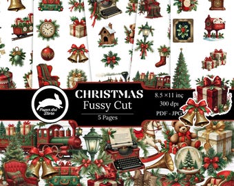 May include: A selection of Christmas-themed fussy cut images. The images include bells, gifts, a train, a typewriter, a rocking horse, and a teddy bear. The text "CHRISTMAS Fussy Cut" is displayed on the image.
