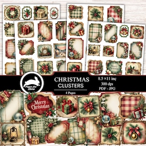 Peut inclure: Feuilles de papier numériques sur le thème de Noël. Les feuilles présentent des motifs festifs, notamment des boîtes cadeaux, des couronnes, des motifs à carreaux et des cadres décoratifs. Le texte comprend "Christmas Clusters" et "Merry Christmas".