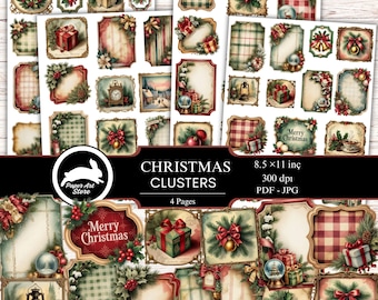 Könnte beinhalten: Eine Sammlung digitaler Weihnachtspapierbögen. Die Bögen zeigen verschiedene Designs, darunter Geschenkboxen, Kränze, Karomuster und dekorative Rahmen. Der Text enthält "Christmas Clusters" und "Merry Christmas".