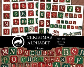 May include: Christmas alphabet and number stickers in red, green, and gold. The stickers include letters, numbers, and holiday phrases. The design features a vintage style with decorative borders, perfect for scrapbooking and crafting projects.