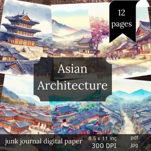 Può includere: Un pacchetto di carta digitale con 12 illustrazioni ad acquerello di architettura asiatica. Le immagini raffigurano edifici tradizionali coreani con dettagli intricati e colori vivaci. Il pacchetto include immagini di 8,5 x 11 pollici a 300 DPI in formato PDF e JPG.