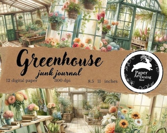 May include: Digital paper set featuring watercolor illustrations of greenhouses filled with flowers and plants. The set includes 12 digital papers, 300 dpi, and measures 8.5 x 11 inches. The text "Greenhouse junk journal" is displayed on a torn paper background.