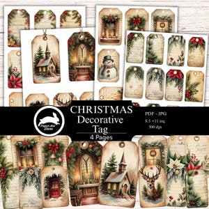 May include: A collection of Christmas decorative tags with vintage-style illustrations. The tags feature images of churches, snow-covered scenes, wreaths, and a snowman. The text "CHRISTMAS Decorative Tag" is visible. The tags are printed on aged paper.