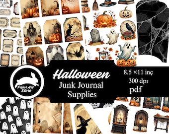 May include: A collection of Halloween-themed junk journal supplies. The image features tags, illustrations of pumpkins, ghosts, witches, and bats. The text on the image reads "Halloween Junk Journal Supplies" and "8.5 x 11 inc 300 dpi pdf".