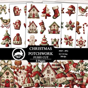 Puede incluir: Una colección de diseños de patchwork navideños, que incluyen casas, árboles, calcetines y adornos en rojo, verde y blanco. La imagen incluye el texto "CHRISTMAS PATCHWORK FUSSY CUT 5 Pages".