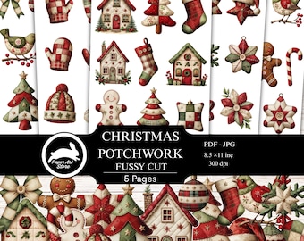 Puede incluir: Una colección de diseños de patchwork navideños, que incluyen casas, árboles, calcetines y adornos en rojo, verde y blanco. La imagen incluye el texto "CHRISTMAS PATCHWORK FUSSY CUT 5 Pages".