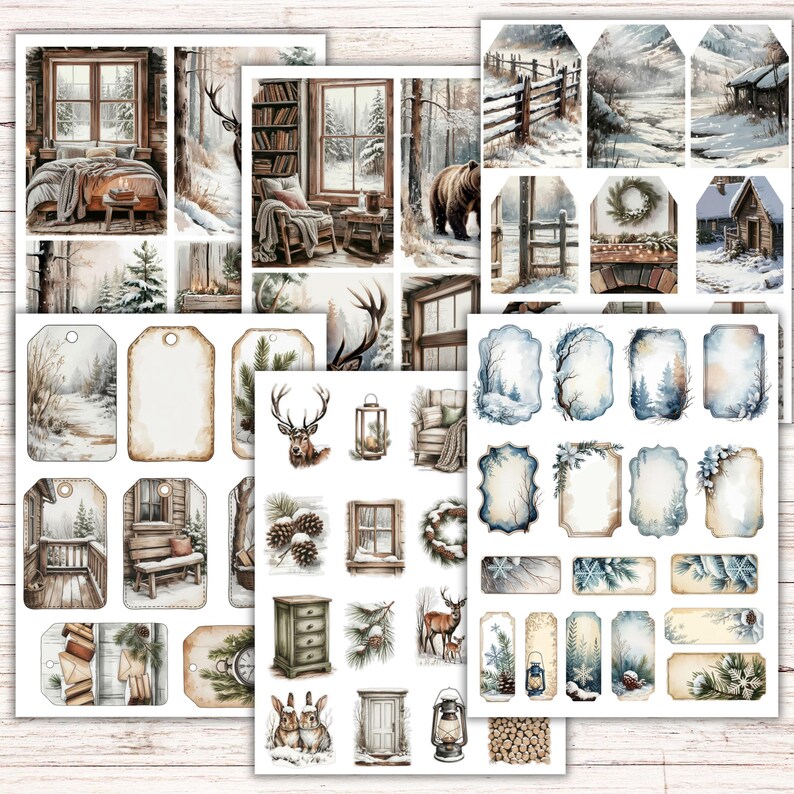 Vintage Winter Season Junk Journal Kit, Neutral White Ephemera, Winter ...