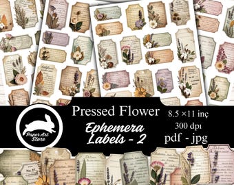 Pressed Floral Labels-2 & Vintage Tags, Digital Fussy Cut Clusters, Junk Journal Kit - Ephemera, Vintage Flowers- Labels- Scrapbook Crafts