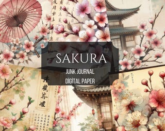 Páginas de diario basura de cerezos en flor, fondo asiático, Japón vintage - Hoja de collage imprimible, impresiones orientales