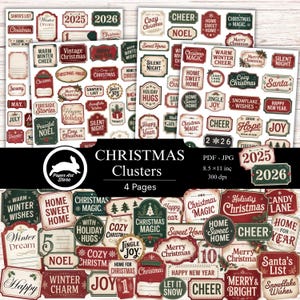 Puede incluir: Una colección de pegatinas digitales con temática navideña con varios diseños y texto. Las pegatinas presentan frases como "Feliz Navidad", "Hogar dulce hogar" y "Feliz Año Nuevo". La paleta de colores incluye rojo, verde y blanco, con una estética vintage. También incluye el texto "Christmas Clusters".