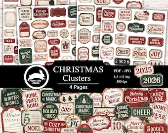 May include: A collection of Christmas-themed digital stickers with various designs and text. The stickers feature phrases like "Merry Christmas," "Home Sweet Home," and "Happy New Year." The color palette includes red, green, and white, with a vintage aesthetic. The image also includes the text "Christmas Clusters."