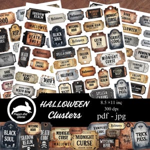 Op de afbeelding: Een verzameling Halloween-thema papieren clusters met verschillende ontwerpen, waaronder ticketstubs en grafsteen vormen. De clusters bevatten zinnen als "Midnight Curse", "Witching Hour" en "Trick Pass". De afbeelding bevat ook de tekst "Halloween Clusters".