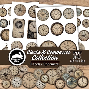 May include: A digital collection of vintage-style clock and compass illustrations on white sheets. The images feature various circular clock faces with Roman and Arabic numerals, alongside navigational compass designs. Text includes Clocks & Compasses Collection, Paper Art Store, PDF, JPG, 8.5 x 11 inch, and Labels - Ephemera.