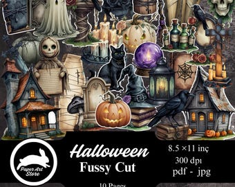 Halloween Journal Kit, Halloween Stickers, Witch Junk Journal, Gothic Ephemera, Halloween Printables, Fussy Cuts, Junk Journal Kit, Fall,