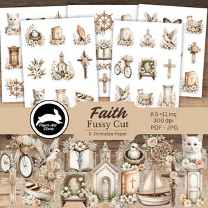 May include: A collection of "Faith Fussy Cut" printable paper sheets featuring watercolor illustrations of religious symbols, including crosses, churches, doves, and open books. The sheets are 8.5 x 11 inches and include a variety of floral and nautical elements.