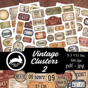 May include: A selection of vintage paper ephemera, such as tickets and labels, in various shapes and sizes. The colour scheme includes beige, brown, and red tones. The text "Vintage Clusters 2" is displayed, along with the dimensions 21.6 x 27.9 cm.