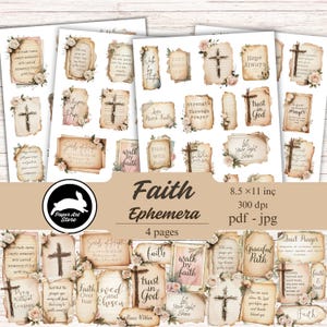 May include: A collection of faith-themed ephemera sheets with inspirational quotes, crosses, and floral accents. The sheets are aged with a vintage aesthetic. The text includes phrases like "Seeds of Hope" and "Trust in God". The Paper Art Store logo is visible.