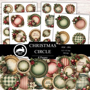 Könnte beinhalten: Digitale Weihnachtskreis-Designs mit festlichen Kränzen, Beeren und Ornamenten. Die Designs enthalten den Text "Merry Christmas". Das Bild zeigt eine Vielzahl von kreisförmigen Rahmen mit verschiedenen Mustern und Farben.