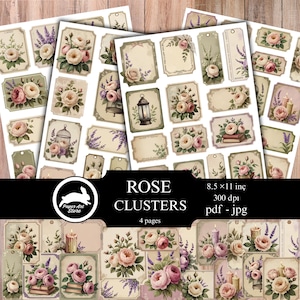 Puede incluir: Hojas de collage digital con racimos de rosas vintage. Las hojas presentan rosas, lavanda y elementos decorativos. El texto de la imagen dice "ROSE CLUSTERS" y "8.5 x 11 inc", que son aproximadamente 21,6 x 28 cm.