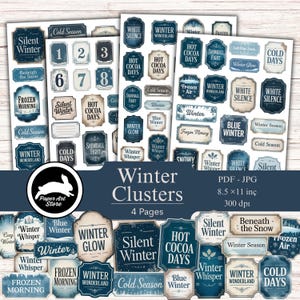 Puede incluir: Un conjunto de clusters de papel con temática invernal, con diseños y textos variados, como "Silent Winter" y "Hot Cocoa Days". Los clusters son en tonos azules y beige, con una estética vintage. La imagen también incluye el texto "Winter Clusters" y "4 Pages". El tamaño del papel es de 21,6 x 27,9 cm.