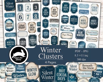 May include: A collection of winter-themed paper clusters with various designs and text, including "Silent Winter," "Hot Cocoa Days," and "Winter Wonderland." The clusters are in shades of blue and beige, with a vintage aesthetic. The image also includes the text "Winter Clusters" and "4 Pages."