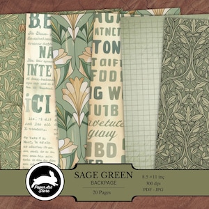 May include: Sage green scrapbook paper pack with various patterns, including floral, text, and grid designs. The pack includes 20 pages, each 8.5 x 11 inches. The paper has a vintage aesthetic, with a soft, muted color palette.