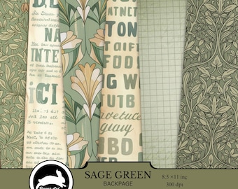 Contraportada verde salvia - Papeles botánicos, Documentos antiguos, Libro de las sombras, Diario de café basura, Efímeras shabby chic, Papel damasco,