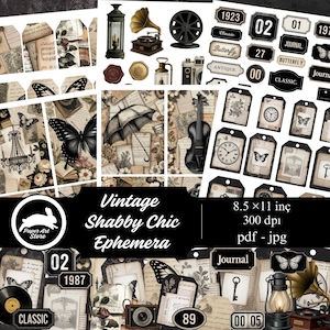 May include: A collage of vintage ephemera with a shabby chic theme. The image includes butterflies, clocks, tags, a violin, an umbrella, and a gramophone. The text reads "Vintage Shabby Chic Ephemera" and "8.5 x 11 inch".