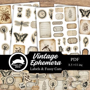 May include: A collection of vintage ephemera sheets featuring labels, fussy cuts, and various illustrations. The designs include butterflies, clocks, flowers, and labels with text like "London" and "Document Record". The sheets are labeled "Vintage Ephemera" and are 8.5 x 11 inches.
