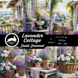 Lavender Cottage Junk Journal Kit | 12 Digital Pages, Lavender Scrapbook Printable, Printable Cottagecore Paper Set, French Country Lavender