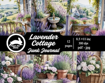 以下が含まれることがあります： 「Lavender Cottage」と題されたデジタルジャンクジャーナル。ラベンダー、バラ、コテージの風景の水彩イラストが特徴です。ジャーナルには12ページが含まれ、サイズは21.59 x 27.94 cmです。ファイル形式はPDFとJPGです。