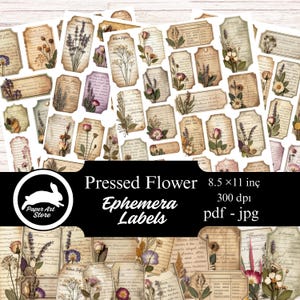 Könnte beinhalten: Eine Sammlung von Ephemera-Etiketten mit gepressten Blumen im Vintage-Stil. Die Etiketten, in verschiedenen Formen und Größen, sind mit getrockneten Blumen und botanischen Elementen verziert. Der Text "Pressed Flower Ephemera Labels" wird zusammen mit dem Paper Art Store-Logo angezeigt.