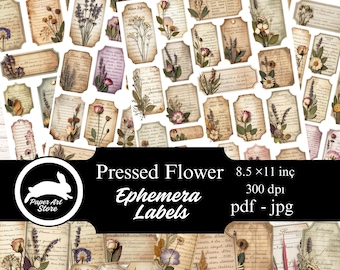 Pressed Floral Labels & Vintage Tags, Digital Fussy Cut Clusters, Junk Journal Kit - Ephemera, Vintage Flowers- Labels- Scrapbook Crafts