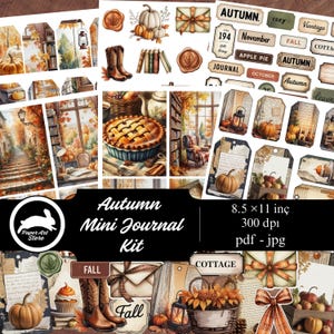 May include: A collection of autumn-themed digital journal kit elements. The kit includes watercolor illustrations of pumpkins, fall leaves, boots, pie, and journal tags. The text on the kit reads "Autumn Mini Journal Kit" and "8.5 x 11 inc".