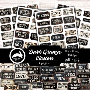 Op de afbeelding: Een verzameling donkere grunge-clusters met tickets, labels en borden in vintage-stijl. De ontwerpen bevatten tekst als "Cinema Ticket", "Archive 1974" en "Locked Case". De afbeelding bevat ook de tekst "Dark Grunge Clusters" en de afmetingen 21,6 x 27,9 cm.