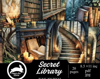 Könnte beinhalten: Eine digitale Collage mit einer geheimen Bibliothek mit Bücherregalen, einer Wendeltreppe und brennenden Kerzen. Das Bild enthält den Text "Secret Library" und Produktdetails wie "20 Seiten" und "8,5 x 11 Zoll".
