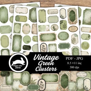 May include: A collection of vintage green label and tag designs. The labels feature various shapes, including ovals, rectangles, and circles, with decorative frames and botanical illustrations. The text "Vintage Green Clusters" is displayed prominently.
