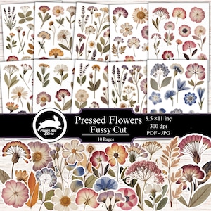 May include: A collection of pressed flower designs, including various floral and botanical elements. The image features multiple sheets with individual flower illustrations, along with a bottom row of cut-out flowers. The text reads "Pressed Flowers Fussy Cut 10 Pages 8.5 x 11 inches".