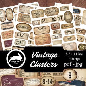 Op de afbeelding: Een verzameling vintage papieren ephemera, waaronder tickets en labels. De ontwerpen hebben verouderde papiertexturen en klassieke lettertypen. De afbeelding bevat de tekst "Vintage Clusters" en "Paper Art Stor".