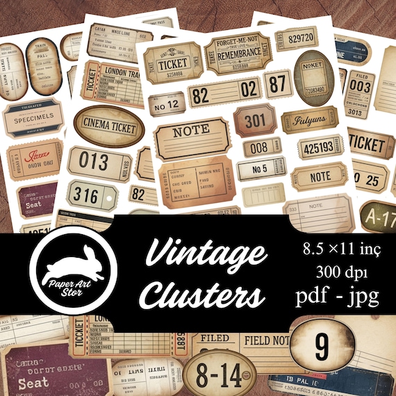 Grunge Ephemera, Vintage Labels, Junk Journal Labels, Printable Collage Sheets, Fussy Cut Ephemera, Digital Journal Supplies, Clusters Kit