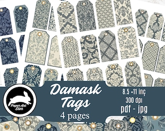 May include: A collection of damask tags in various patterns and colors, including navy, gray, and cream. Each tag has a decorative design and a small gold-colored eyelet. The image includes the text "Damask Tags" and "4 pages".