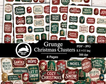 May include: A collection of grunge Christmas clusters with various festive phrases like "Merry & Bright" and "Cozy Christmas." The designs feature red, green, and gold colors, perfect for holiday crafts. The image includes the text "Grunge Christmas Clusters" and "8.5 x 11 inc".