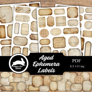 Aged Ephemera Labels, Vintage Grunge Journal Supplies, Retro Office Tags, Digital Fussy Cut Ephemera, Printable Junk Journaling Stickers