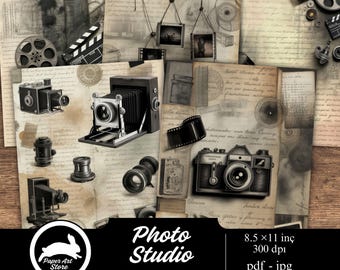 Kit de diario basura con cámara vintage: papel digital para estudio fotográfico, efímeras de tiras de película, páginas sepia para álbumes de recortes de fotografía, diario imprimible