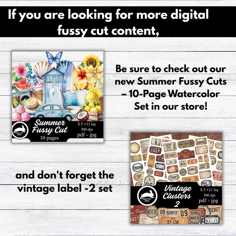 May include: Two digital paper sets are shown. One is a watercolor set of summer-themed fussy cuts with images of a car, ice cream, and flowers. The other is a vintage label set with various ticket designs. Both sets are 21.6 x 27.9 cm.