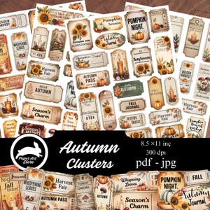 May include: A collection of autumn-themed paper tags and labels. Designs include sunflowers, pumpkins, candles, and fall foliage. Text includes "Autumn Clusters", "Harvest Fair", and "Pumpkin Night". The image is 8.5 x 11 inches.