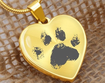 custom paw print necklace gold, silver, Your Actual Pet Paw Print Necklace , Engraved heart Necklace with name at the back