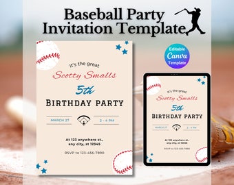 May include: Baseball-themed birthday party invitation template with a baseball, bat, and stars. The invitation says "It's the great Scotty Smalls 5th Birthday Party" with the date, time, and location. The template is editable in Canva.